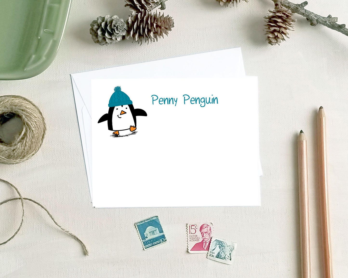Penguin Note Cards - Personalized Winter Stationery Card Set for Penguin Lovers