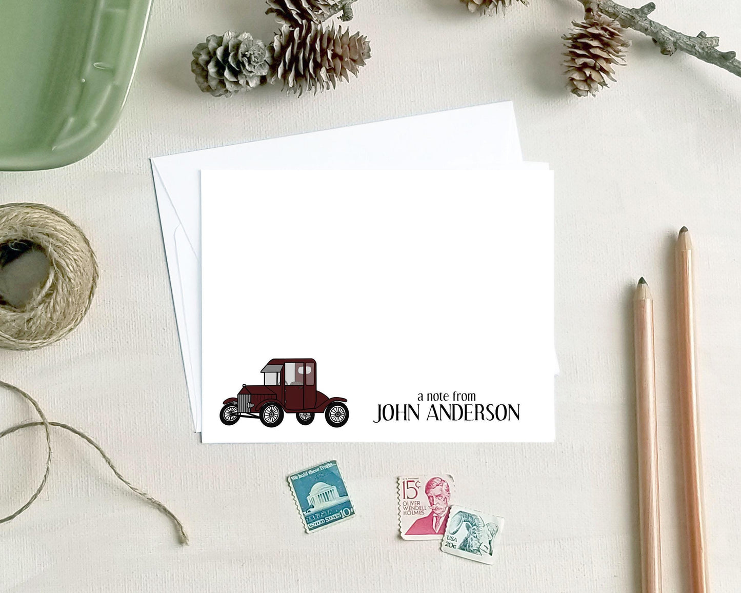Antique Car Note Cards - Personalized Automotive Stationery Gift Set for Dad, Grandpa or Husband