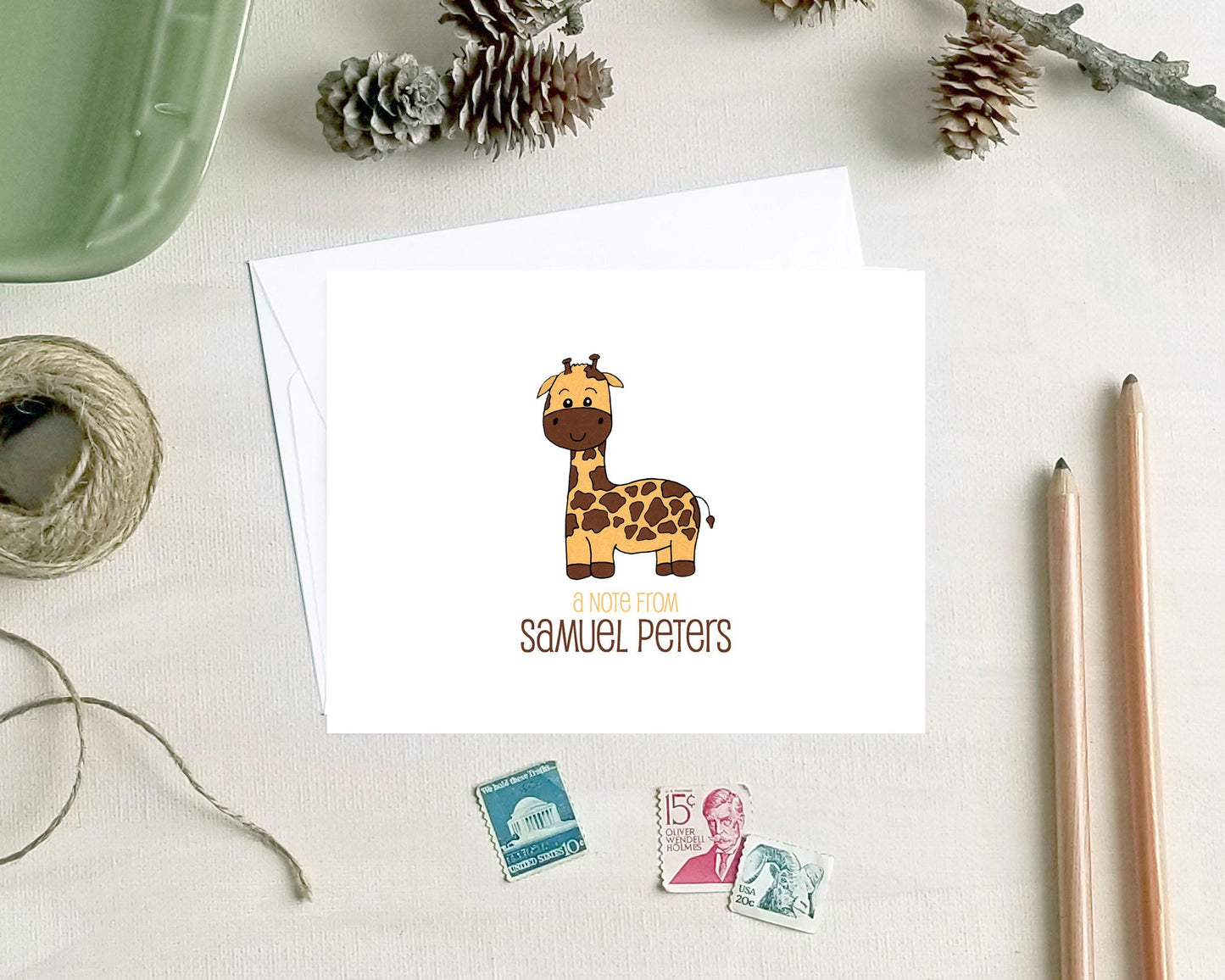 Giraffe Note Cards - Personalized Zoo Animal Stationery Card Set for Kids