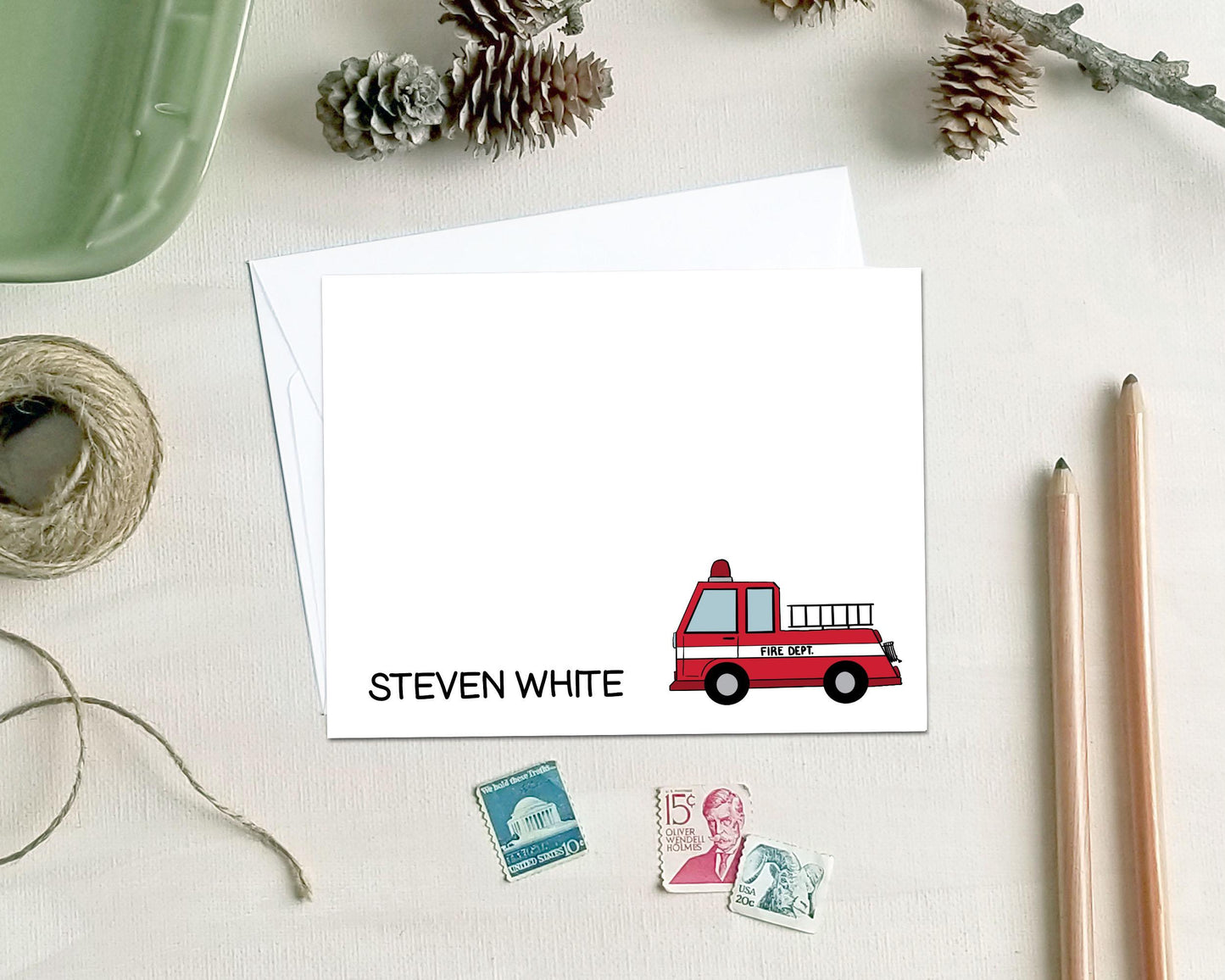 Fire Truck Note Cards - Personalized Firefighter Stationery Card Set - Gifts for Firemen