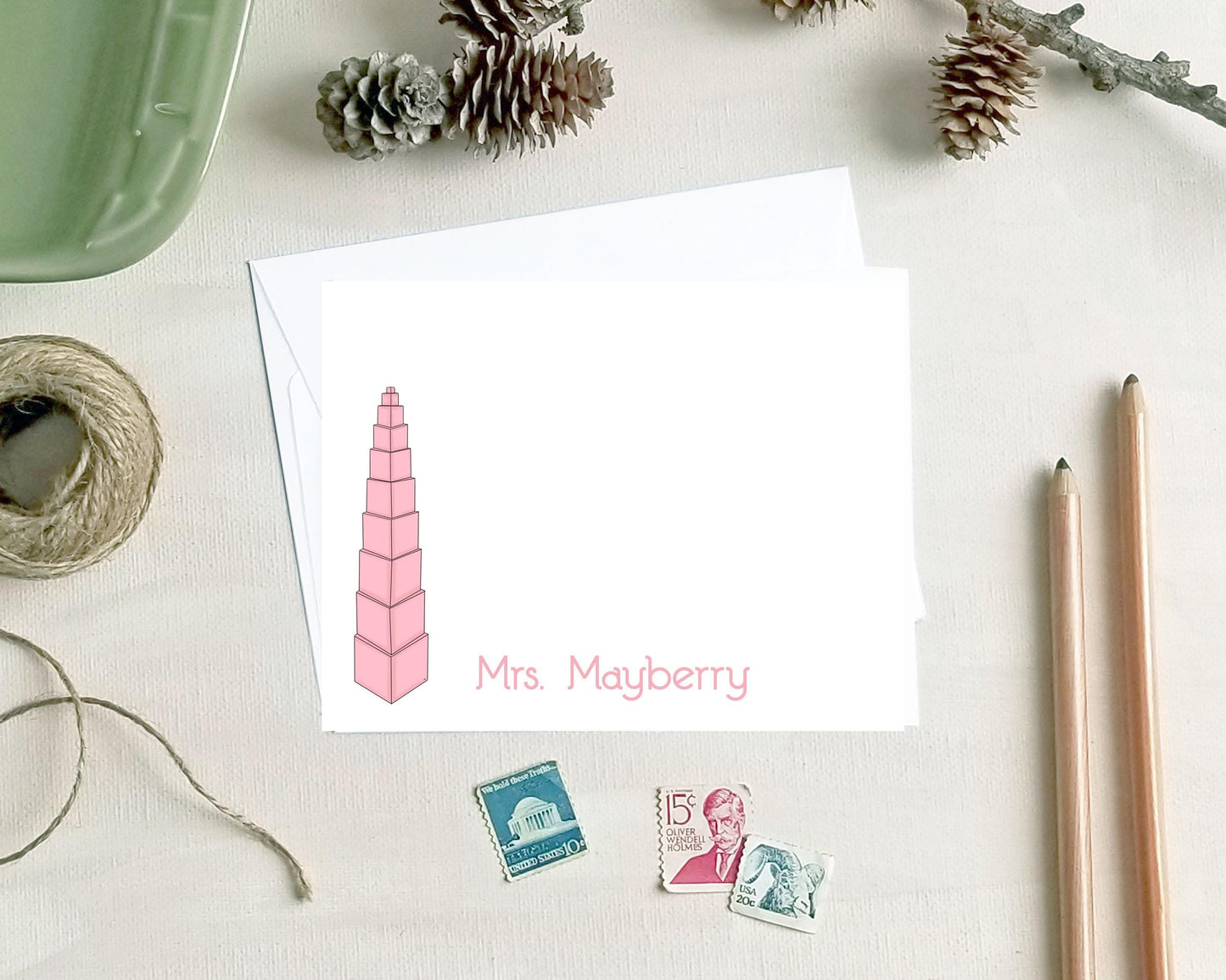 Pink Tower Note Card - Personalized Stationery Gift for Teachers
