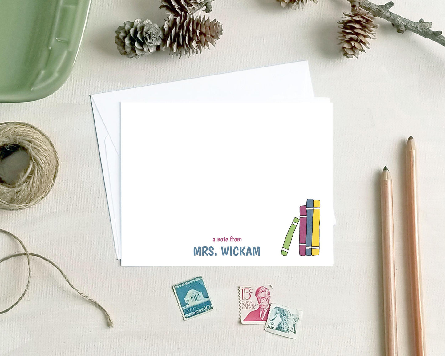 Stack of Books Note Cards – Personalized Stationery - Teacher Gift