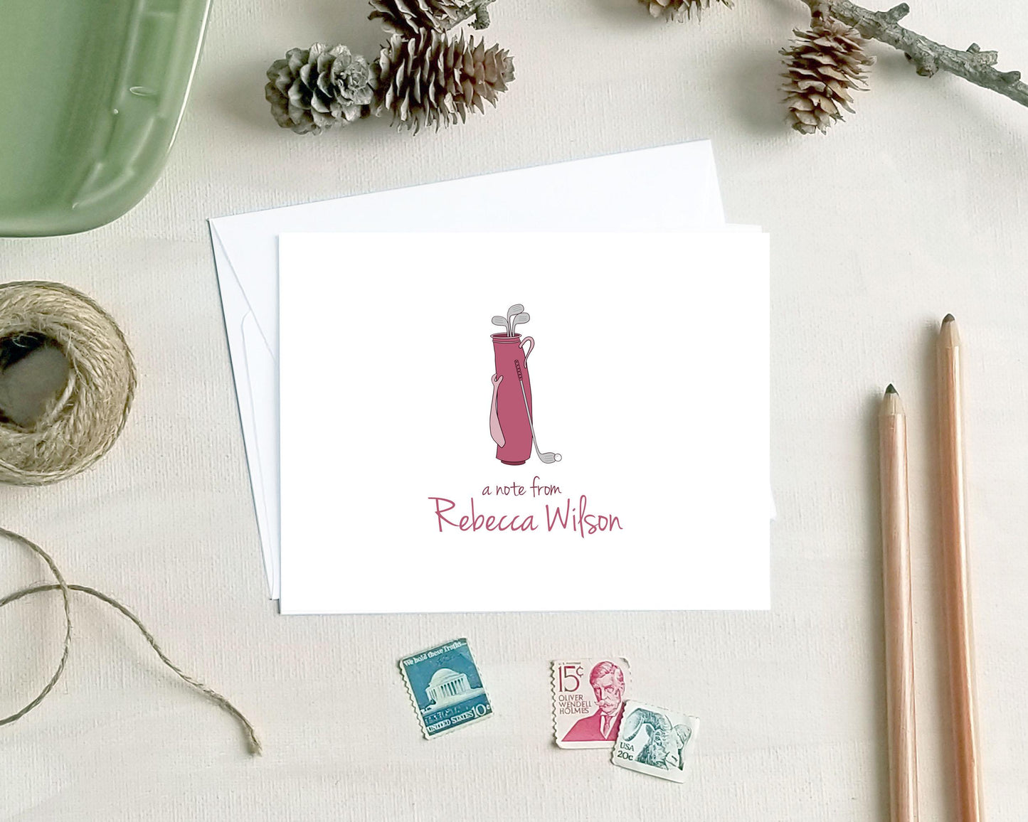 Personalized Stationery Cards - Pink Golf Bag Note Cards for Golfers