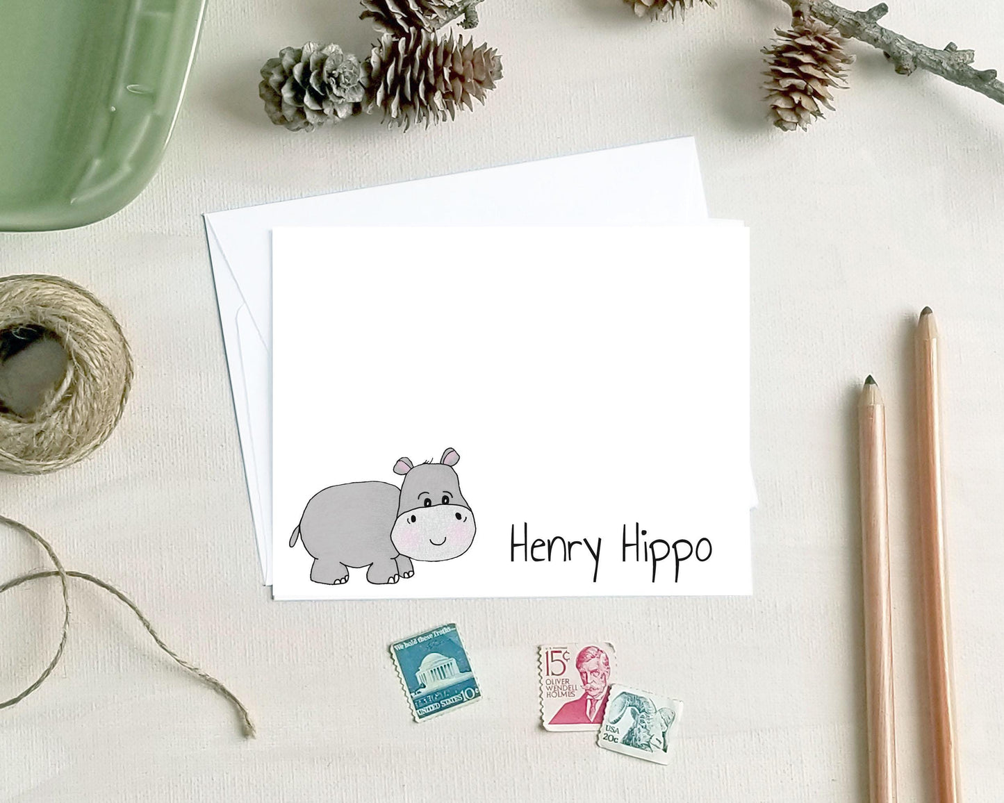 Hippo Note Cards - Personalized Zoo Animal Stationery for Kids