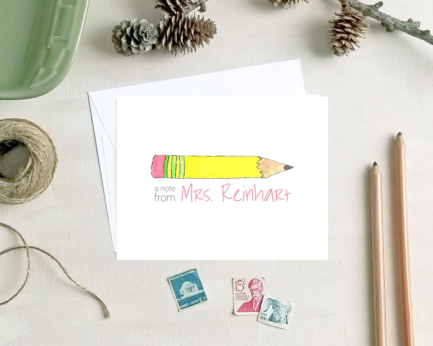 Teacher Gift - Watercolor Pencil Note Cards - Personalized Stationery Gifts for Teachers