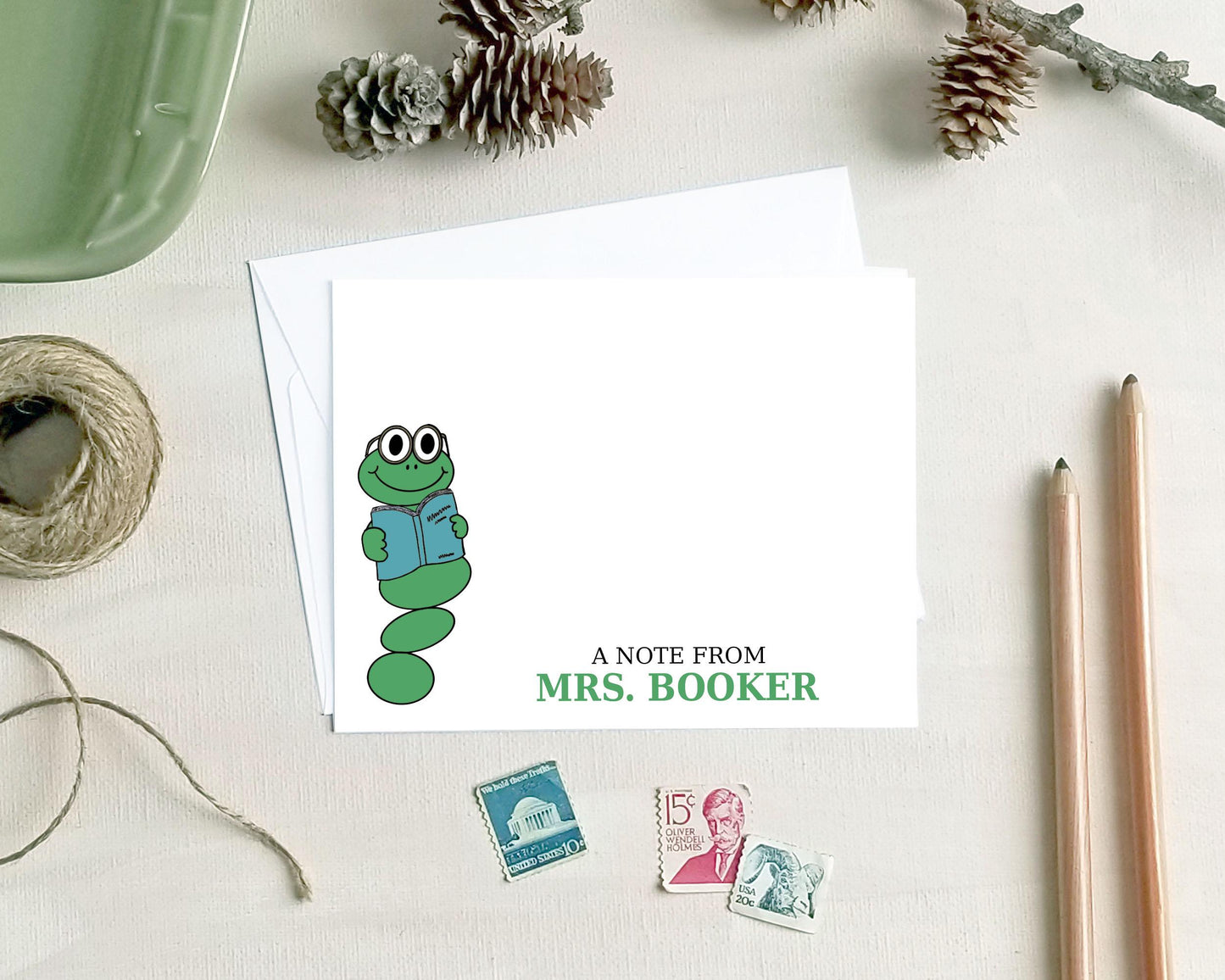 Personalized Note Cards – Bookworm Teacher Stationery Gift
