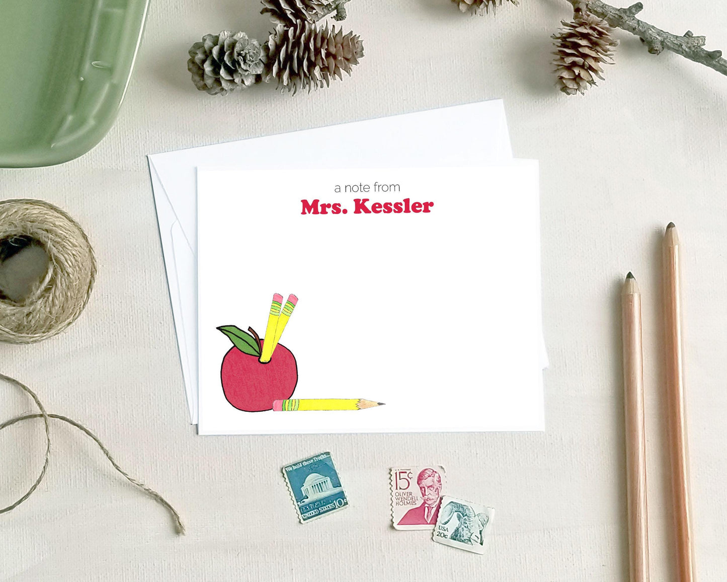Personalized Apple Pencil Note Cards - Teacher Appreciation Stationery Gift