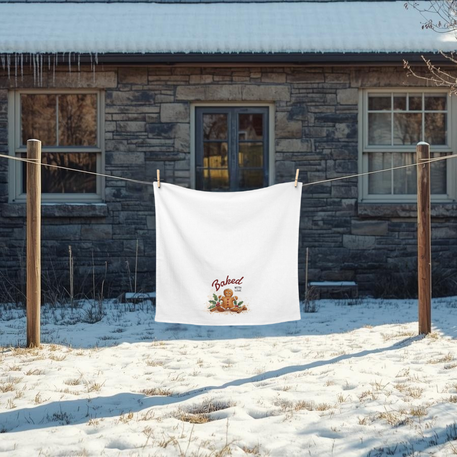 Baked with Love Tea Towel Hanging on the line