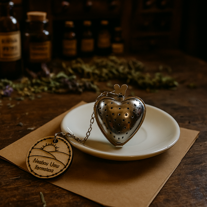 Heart-shaped tea infuser on a white plate with dried herbs and bottles in the background.