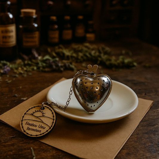 Heart-shaped tea infuser on a white plate with dried herbs and bottles in the background.