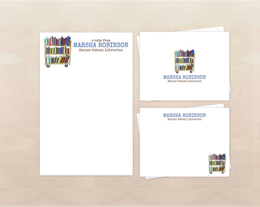 Personalized Stationery Set - Book Rack Notepad & Note Cards - Gift for Librarian - Teacher Gifts
