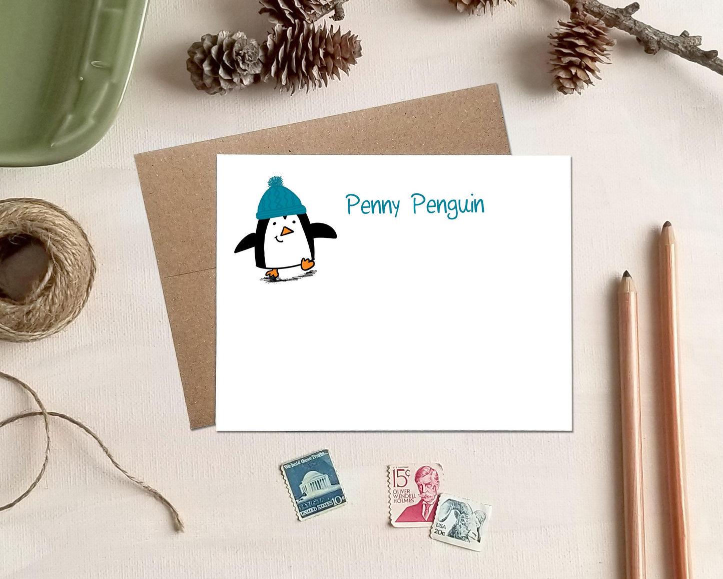 Penguin Note Cards - Personalized Winter Stationery Card Set for Penguin Lovers