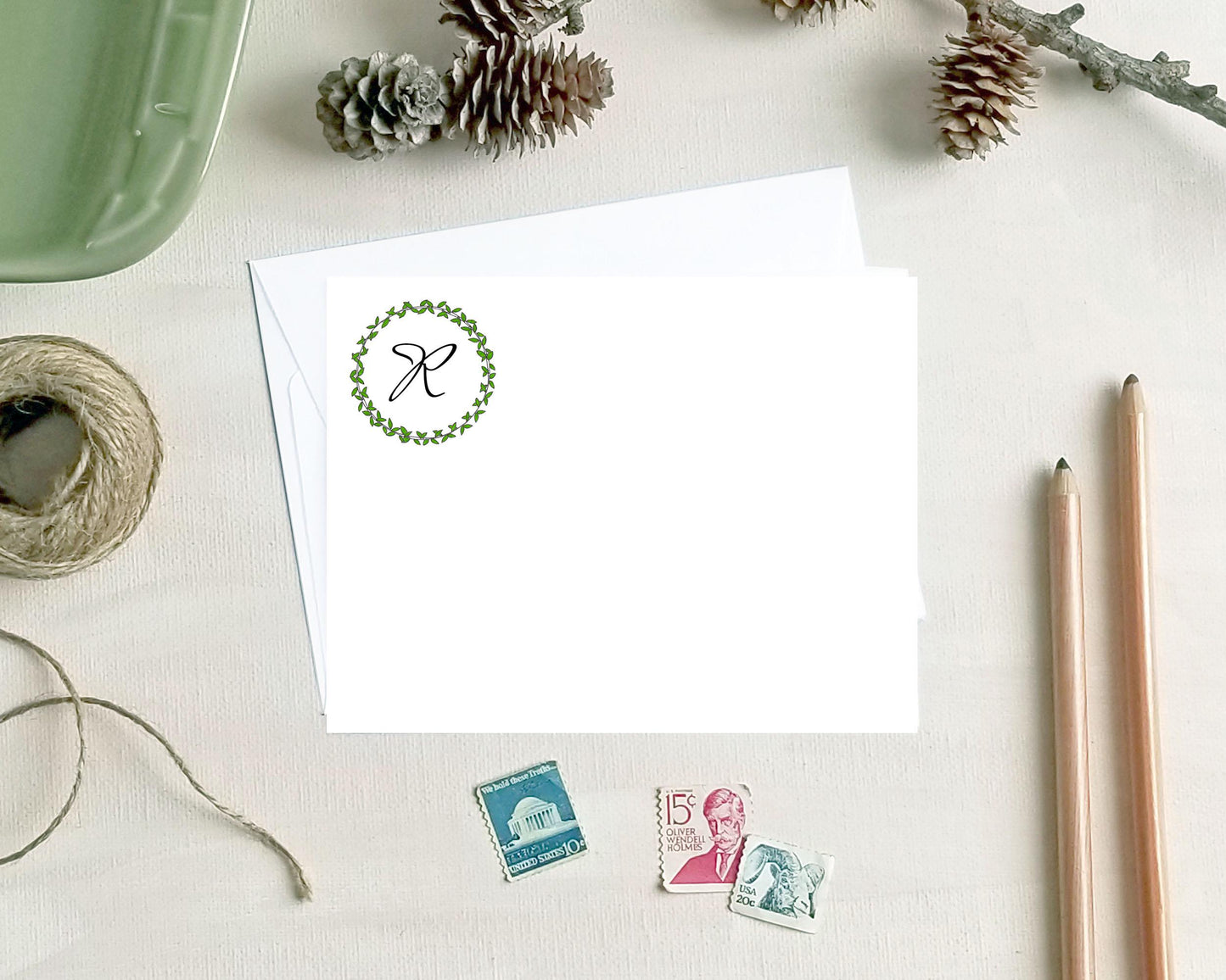 Greenery Monogram Note Cards - Personalized Stationery Gifts