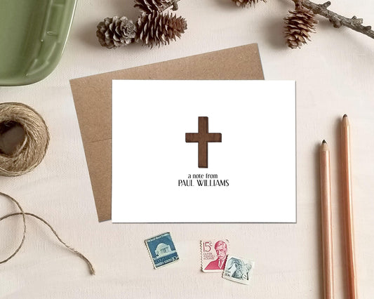 Wooden Cross Note Cards - Personalized Christian Stationery for Priest Minister Church Leader