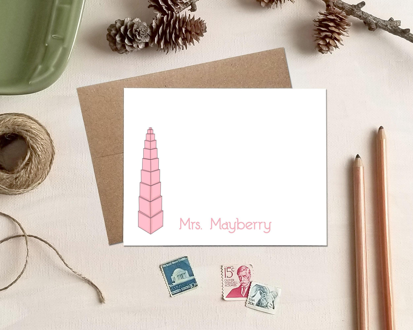 Pink Tower Note Card - Personalized Stationery Gift for Teachers