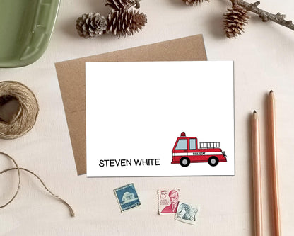 Fire Truck Note Cards - Personalized Firefighter Stationery Card Set - Gifts for Firemen