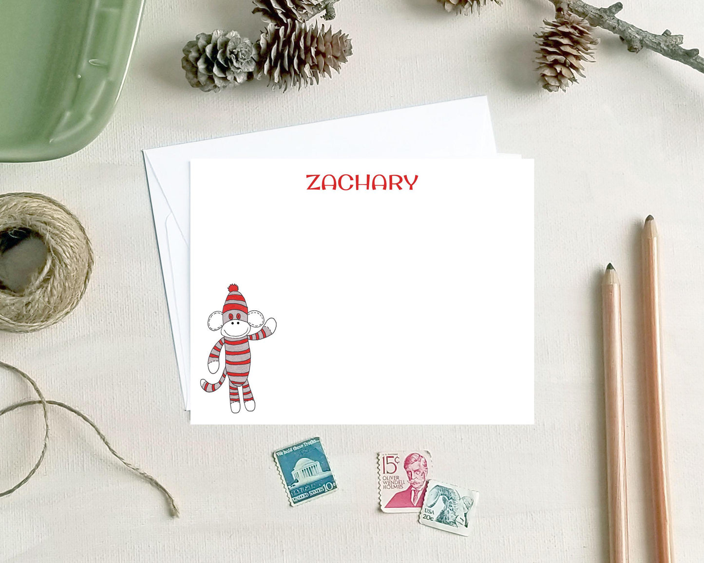 Sock Monkey Note Cards - Personalized Stationery for Kids