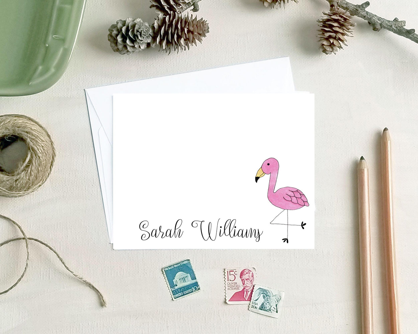 Personalized Flamingo Note Cards - Tropical Watercolor Stationery for Women