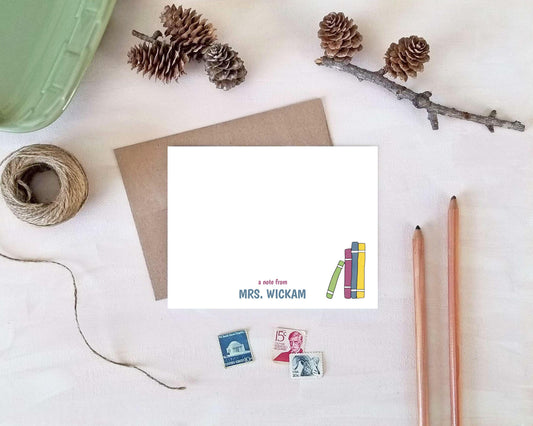 Stack of Books Note Cards – Personalized Stationery - Teacher Gift