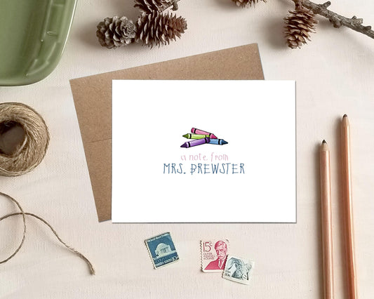 Crayons Note Cards - Personalized Kindergarten Preschool Teacher Stationery Gift