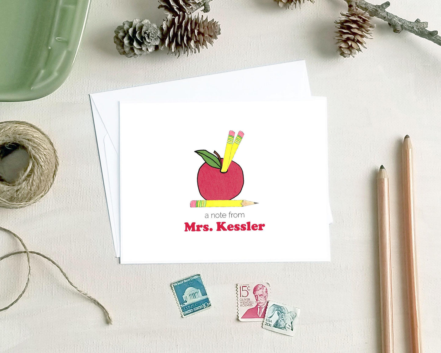 Teacher Gift - Apple Pencil Holder Note Cards - Personalized Stationery Gift for Teachers