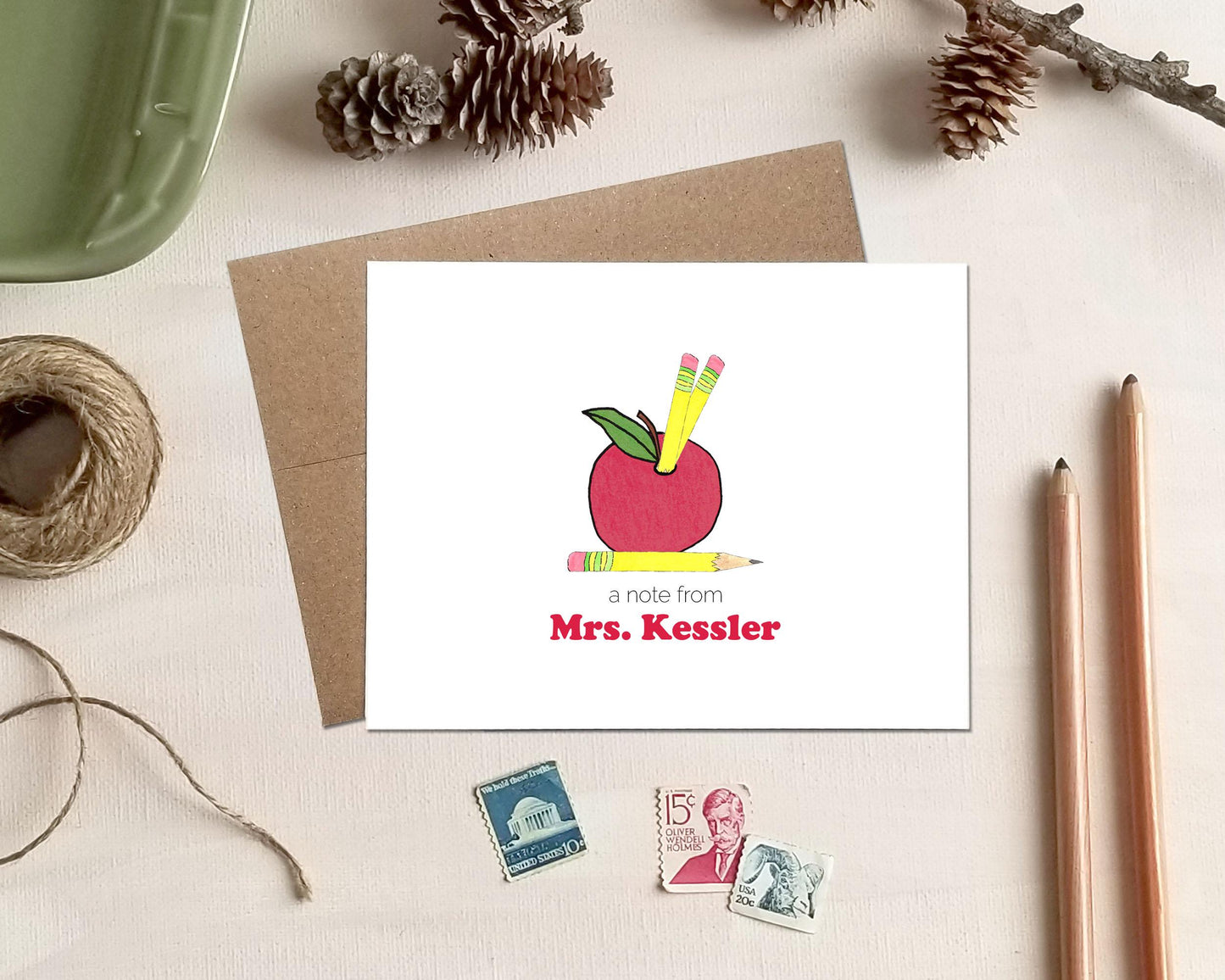 Teacher Gift - Apple Pencil Holder Note Cards - Personalized Stationery Gift for Teachers
