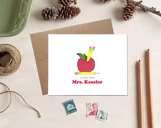 Teacher Gift - Apple Pencil Holder Note Cards - Personalized Stationery Gift for Teachers
