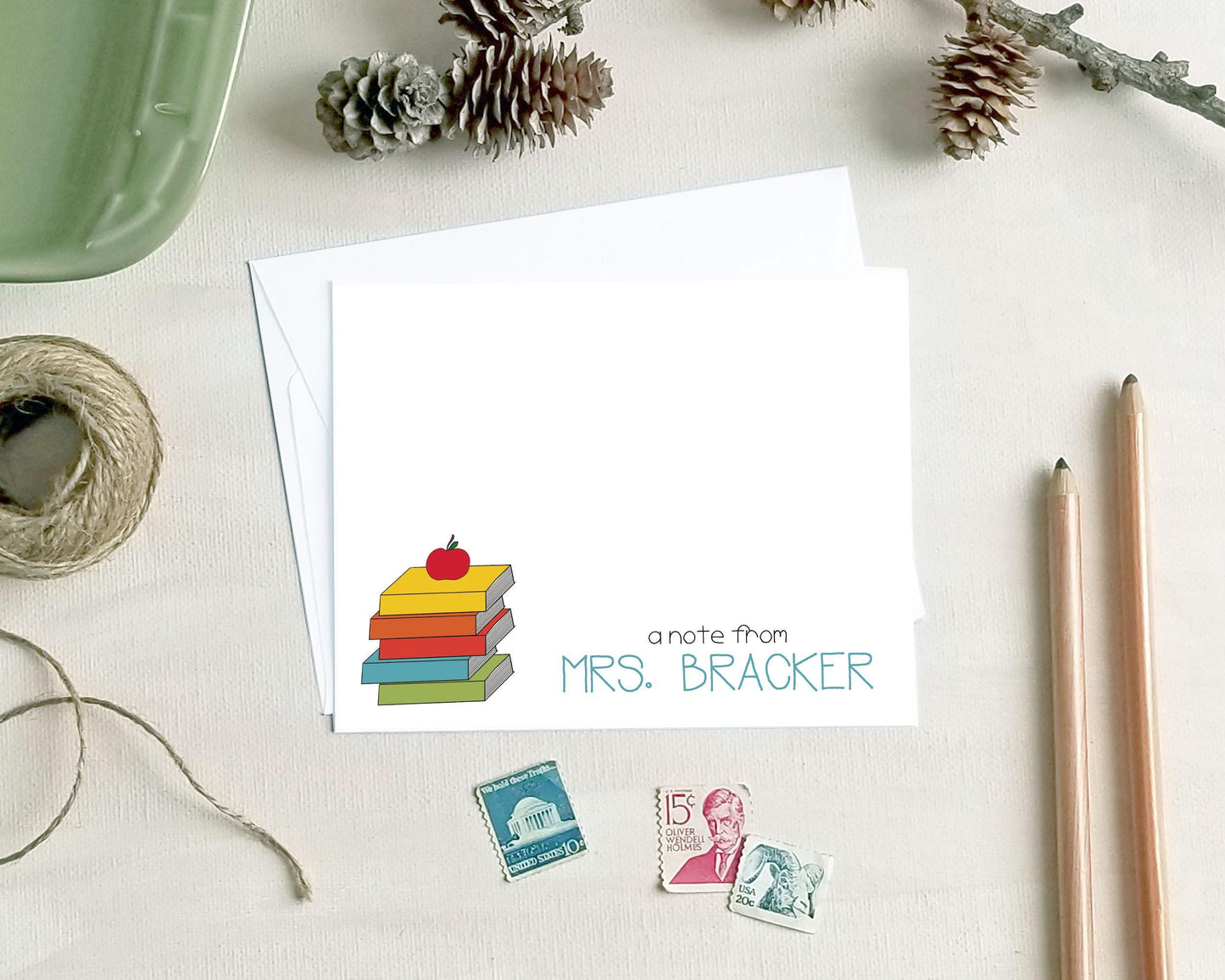 Teacher Appreciation Gifts - Apple & Books Stationery – Personalized Note Cards