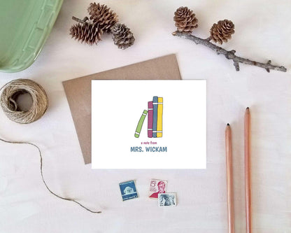 Personalized Teacher Note Cards - Stack of Books Stationery Gift for Librarians or Teachers