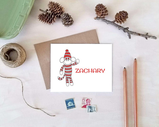 Personalized Note Cards - Sock Monkey Stationery Gifts for Kids