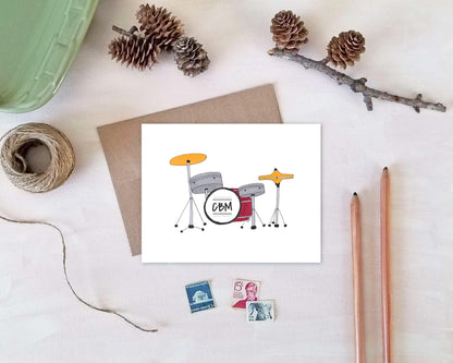 Personalized Note Cards - Monogram Drum Stationery - Drummer Gift
