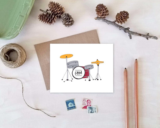 Personalized Note Cards - Monogram Drum Stationery - Drummer Gift