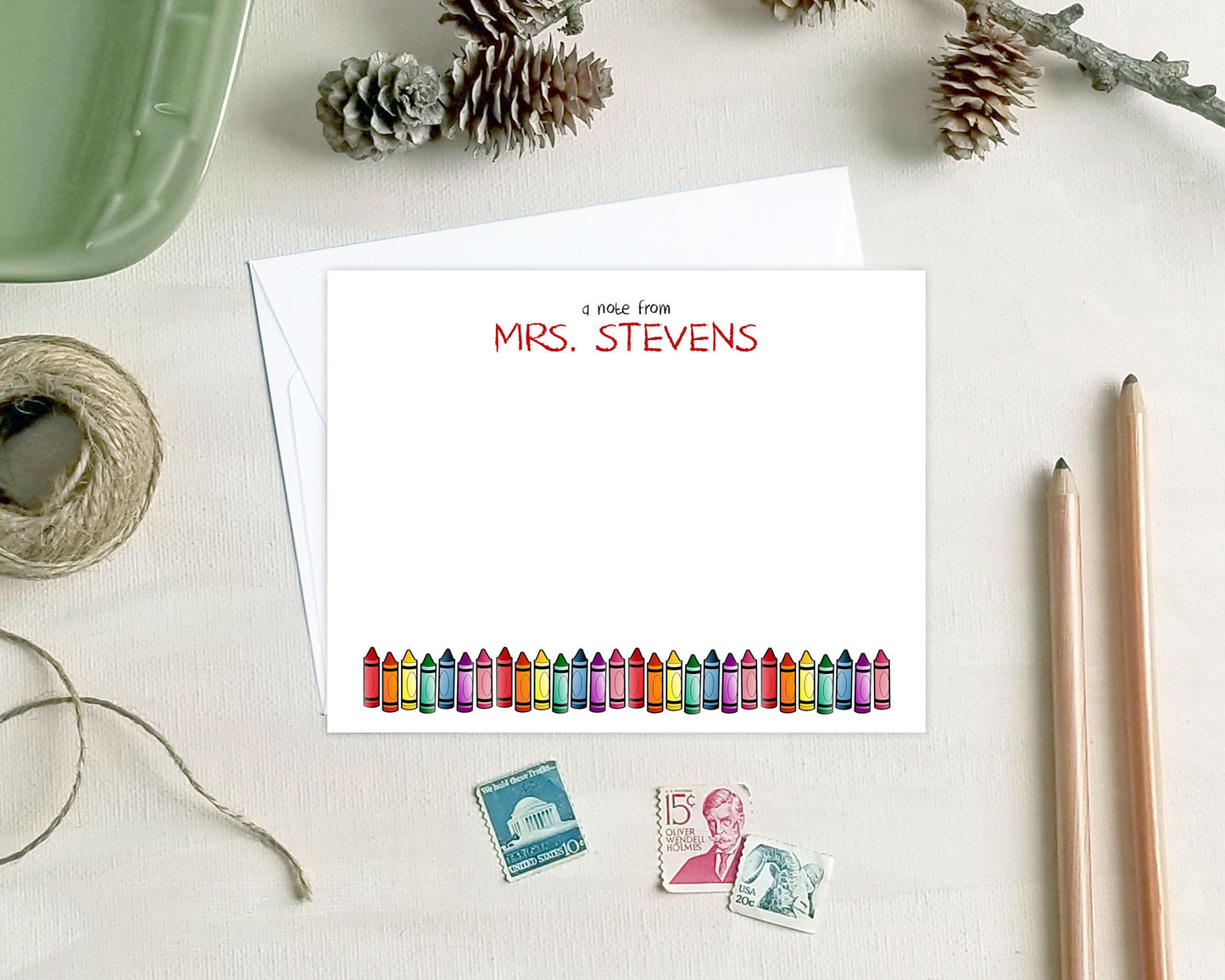 Personalized Note Cards for Preschool Kindergarten Teachers - Crayon Stationery Gifts