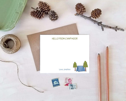 Personalized Note Cards - Tent Camping Kids Stationery Summer Camp