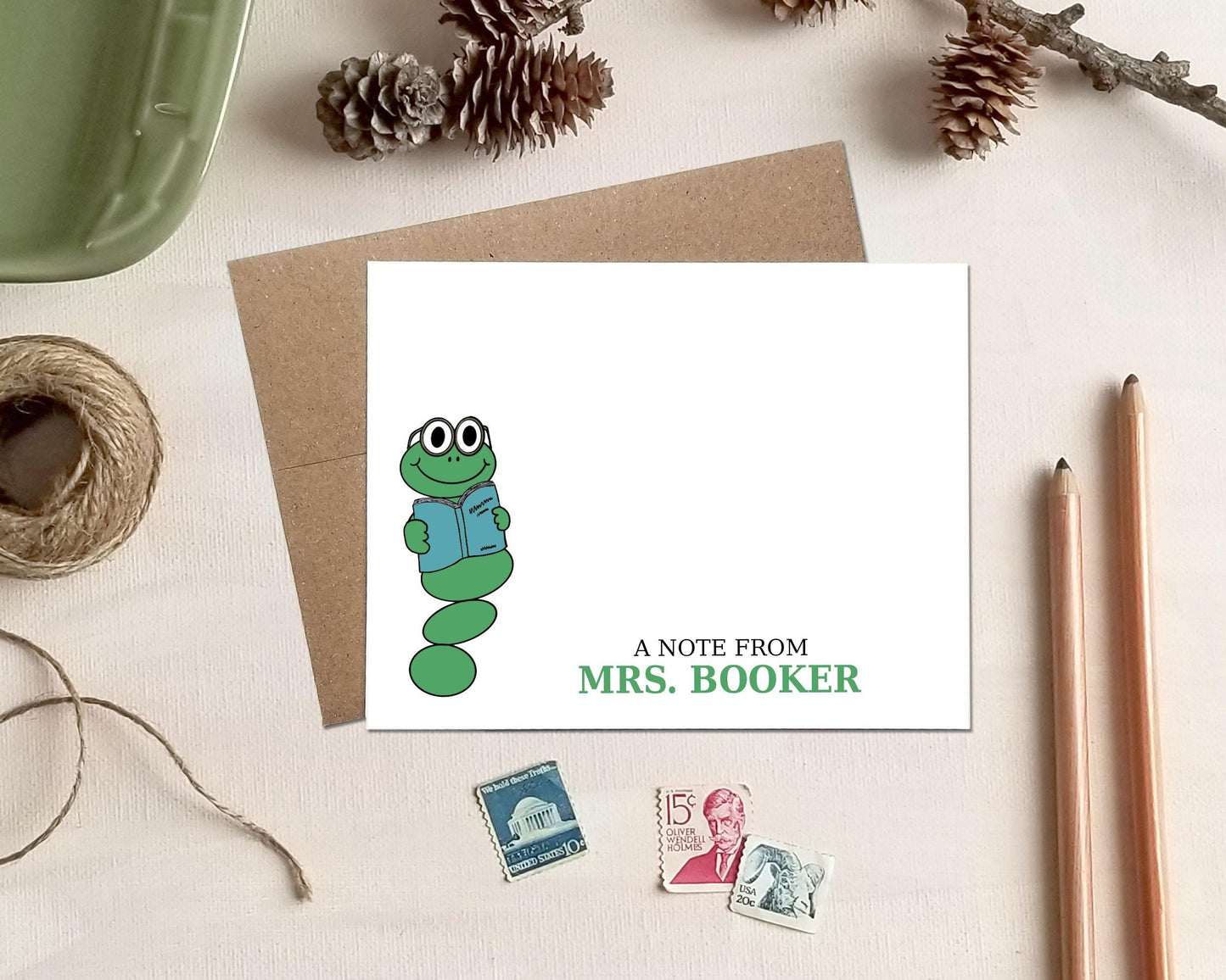 Personalized Note Cards – Bookworm Teacher Stationery Gift