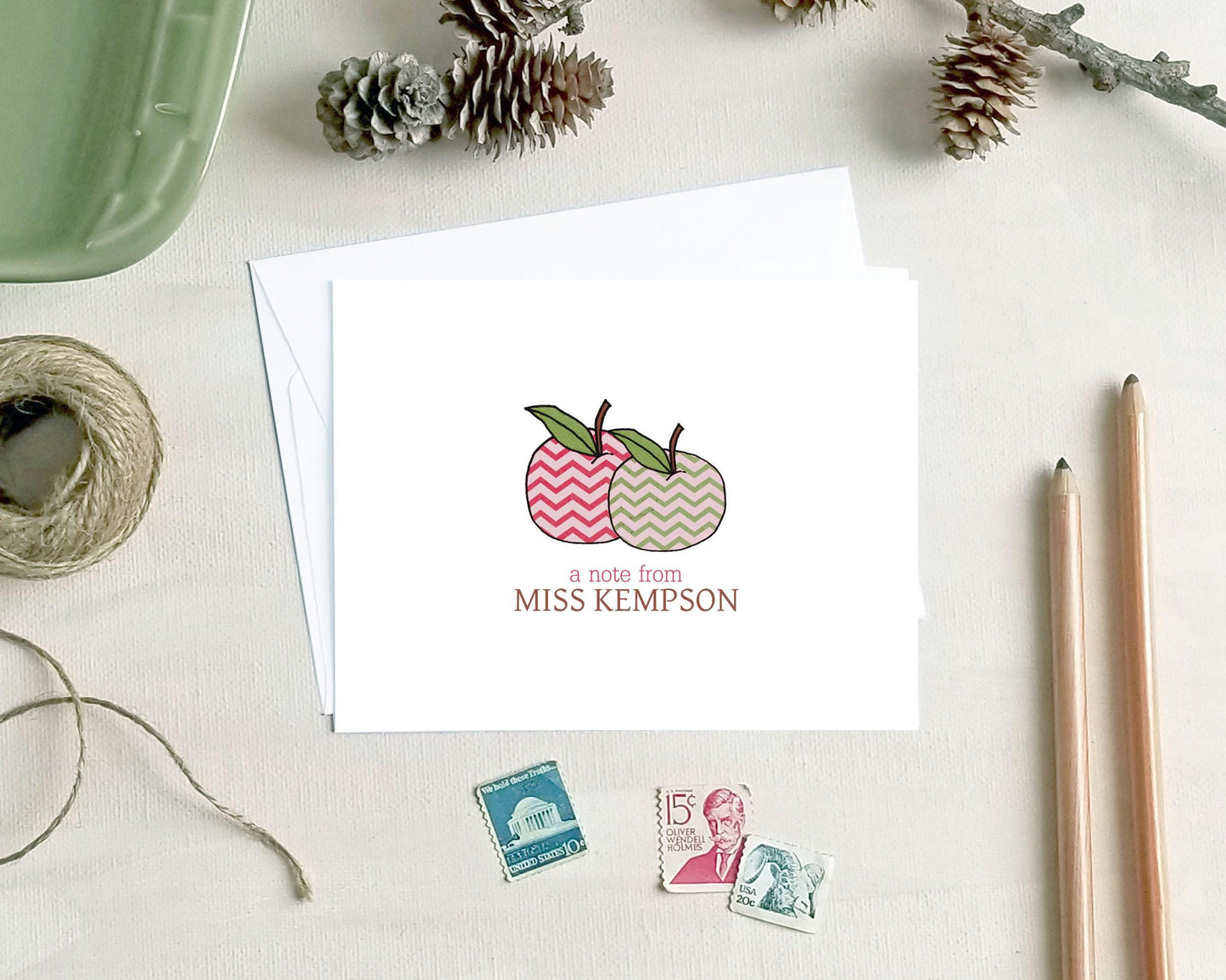 Chevron Apple Note Cards for Teachers - Personalized Stationery Teacher Gift