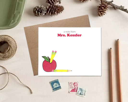 Personalized Apple Pencil Note Cards - Teacher Appreciation Stationery Gift