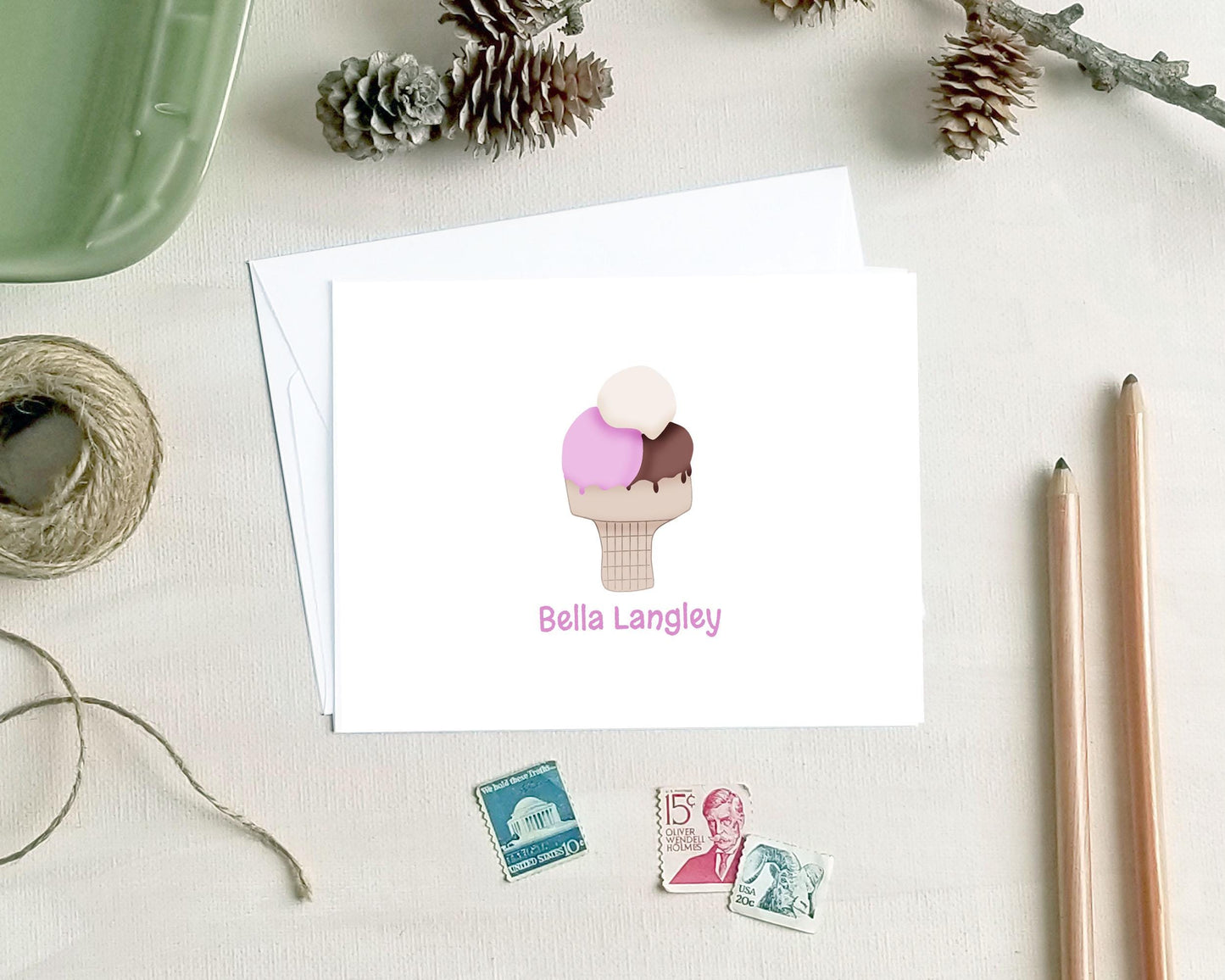 Ice Cream Note Cards - Personalized Summer Stationery Birthday Gifts for Kids