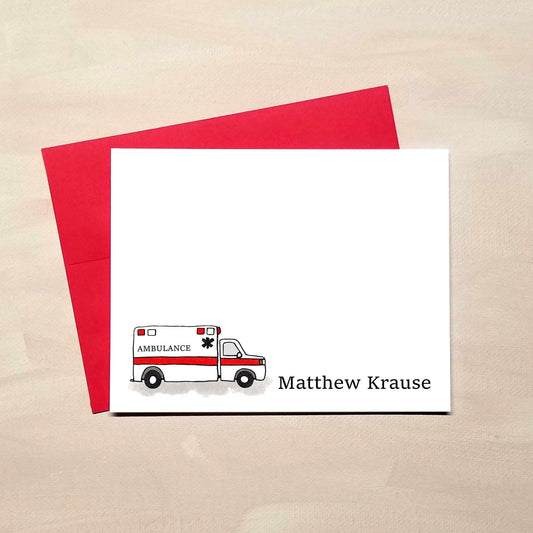 Personalized Ambulance Note Card Set - Medical Stationery Gifts for EMTs Paramedics
