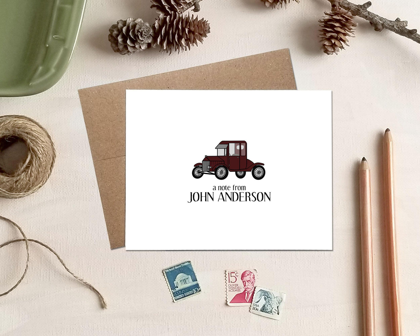 Antique Car Note Cards - Personalized Stationery Gifts for Dad Grandpa Father's Day