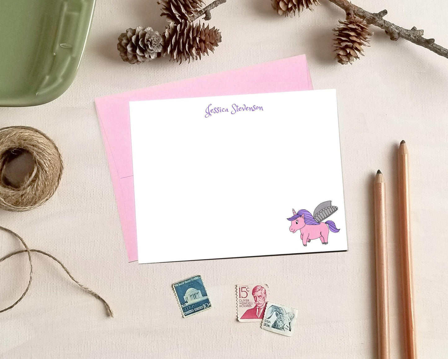 Personalized Unicorn Flat Stationery Card Set for Girls