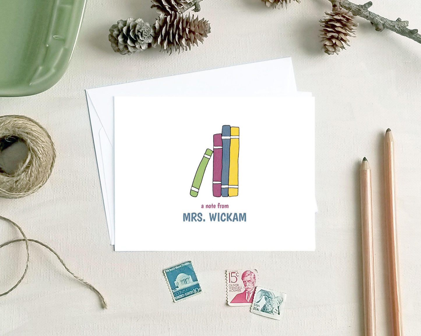 Personalized Teacher Note Cards - Stack of Books Stationery Gift for Librarians or Teachers