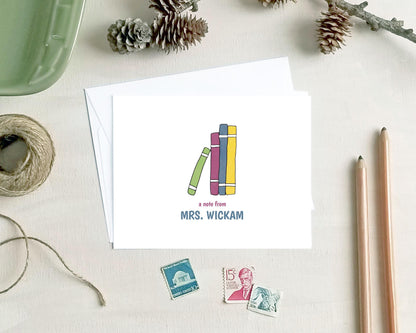 Personalized Teacher Note Cards - Stack of Books Stationery Gift for Librarians or Teachers