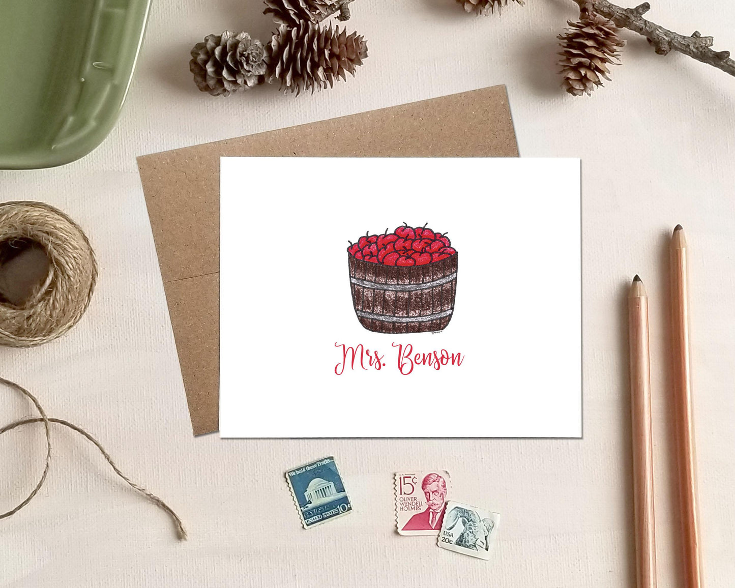 Personalized Note Cards - Apple Basket Fall Teacher Stationery - Back to School Gift