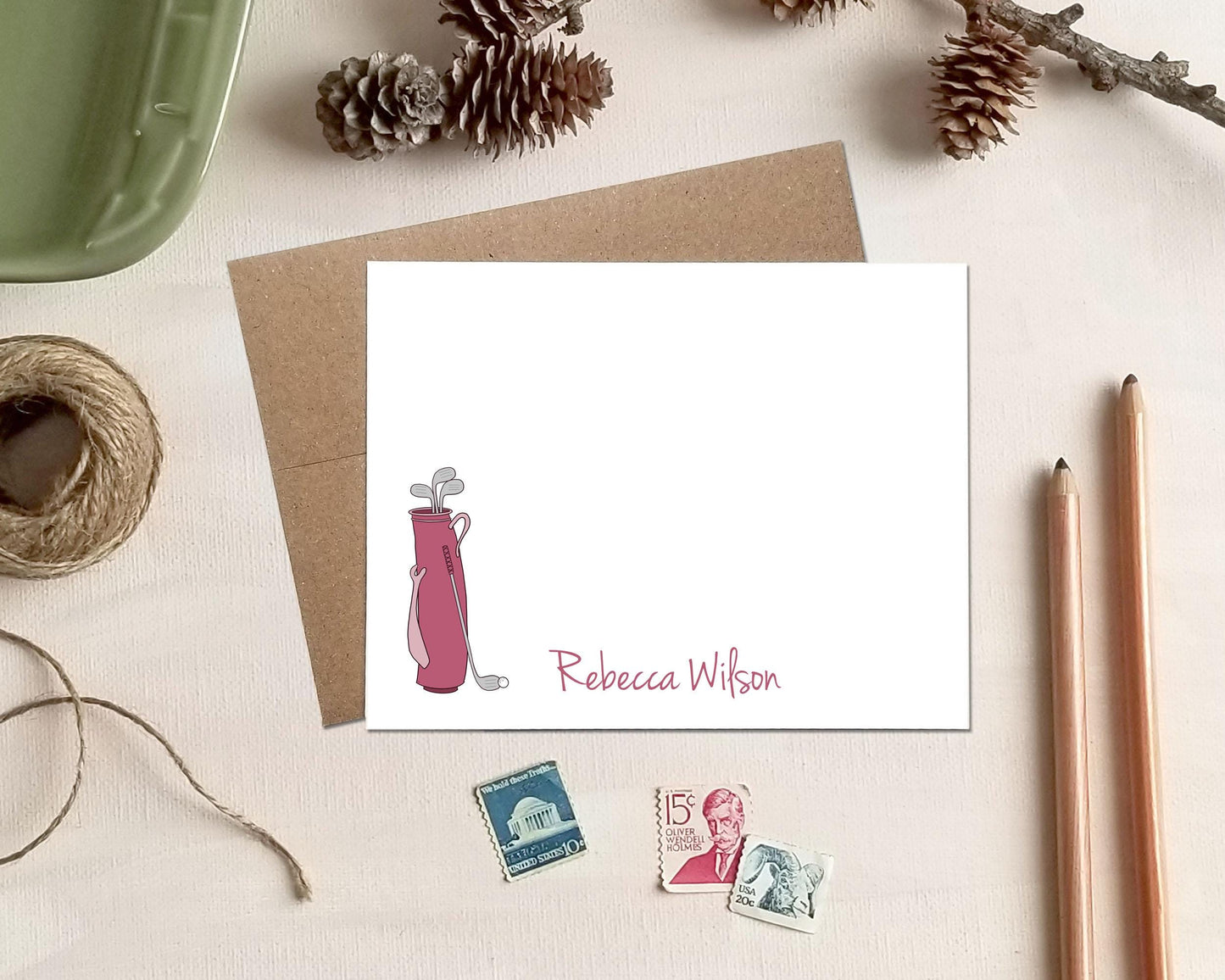 Personalized Note Cards for Golfers - Pink Golf Bag Stationery Gifts
