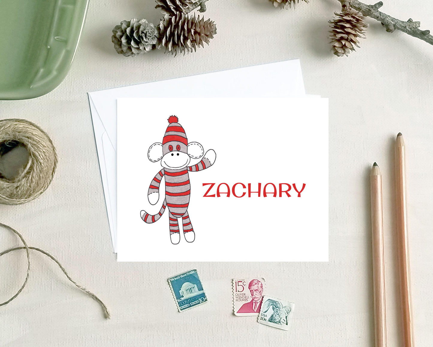 Personalized Note Cards - Sock Monkey Stationery Gifts for Kids