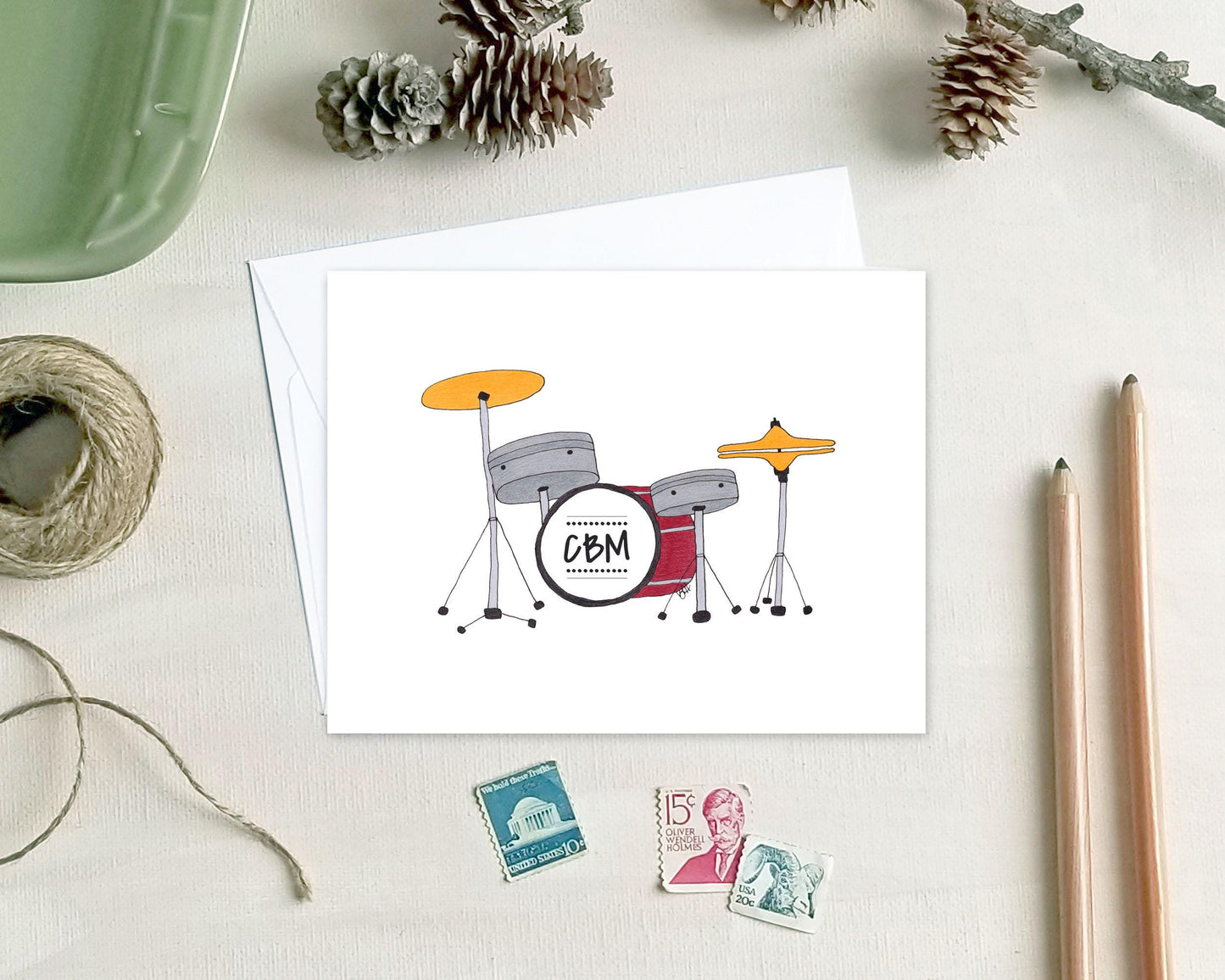Personalized Note Cards - Monogram Drum Stationery - Drummer Gift