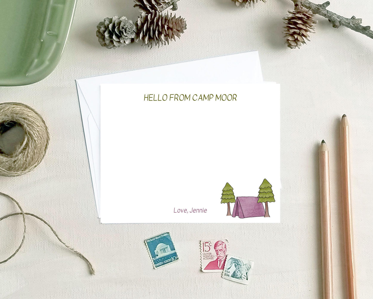 Personalized Note Cards - Tent Camping Stationery for Kids Summer Camp