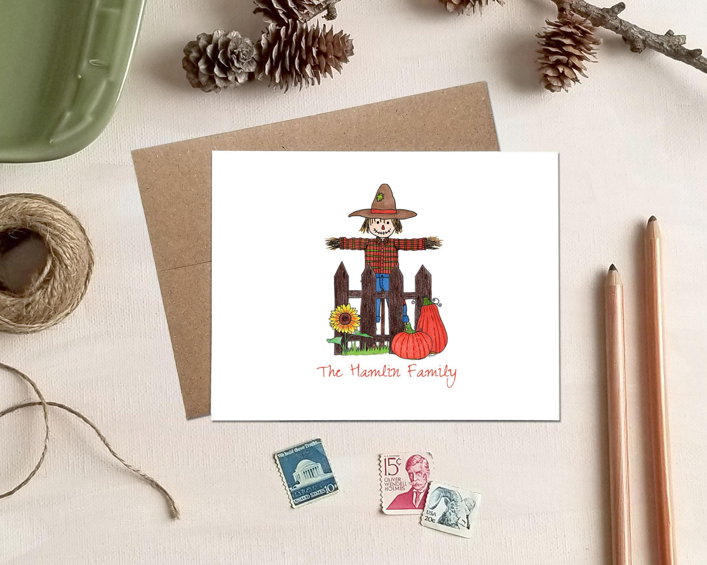 Scarecrow Note Cards - Personalized Fall Stationery - Teacher Gift