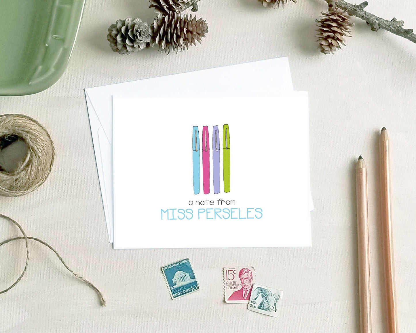 Personalized Note Cards - Colored Pens Note Card Set - Teacher Stationery Gift
